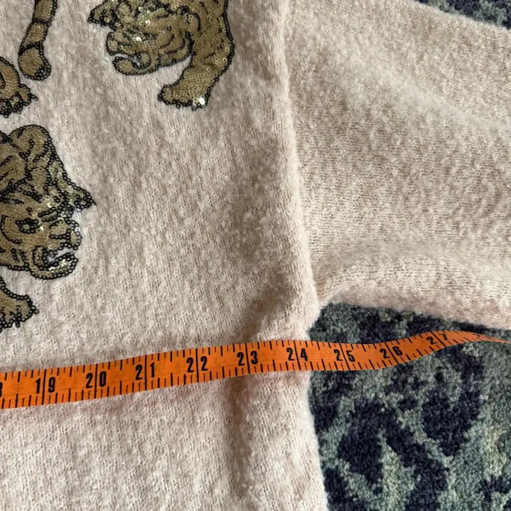 Peach Love Oatmeal Sequin Tiger Matted Sweater Pullover Preppy Bubble Sleeve - Picture 11 of 13